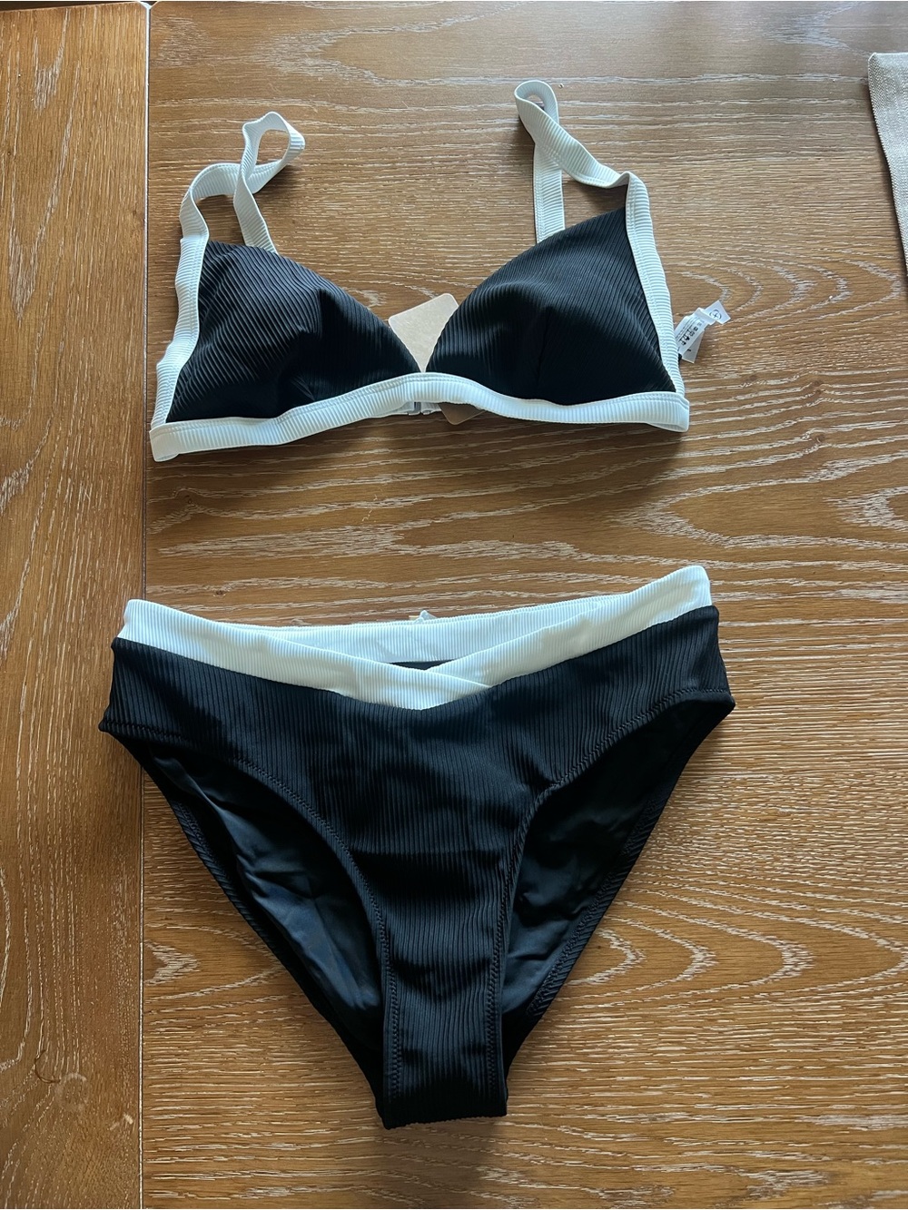 Ribbed Black Bikini Set with White Trim - Classic Two-Piece Swim